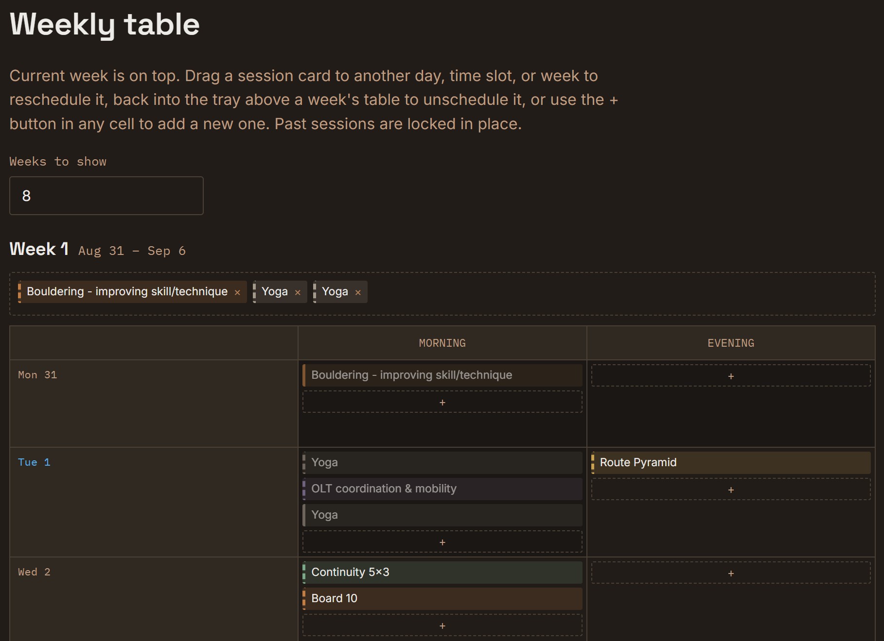 Weekly table view of scheduled and unscheduled sessions